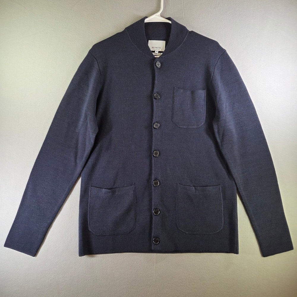 Nines Collection Mens Merino Wool Navy Blue Button Front Cardigan Sweater M - Picture 2 of 4